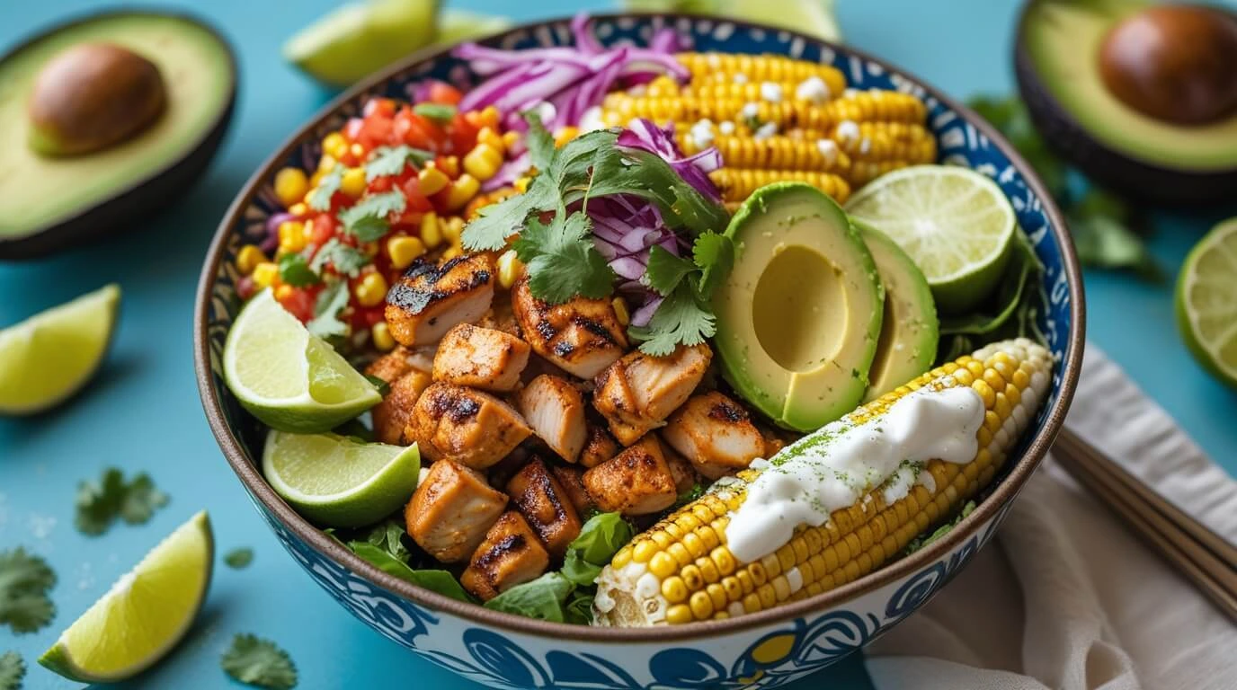 Street Corn Pollo Bowl with grilled chicken, street corn, avocado, and lime – ready to serve.