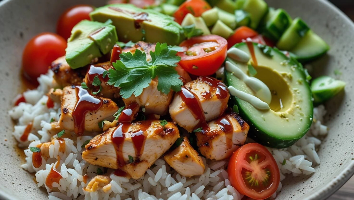 A vibrant Chicken and Rice Bowl with grilled chicken, avocado, and fresh vegetables