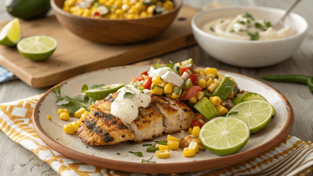 Complete street corn chicken meal with sides of grilled vegetables, Mexican rice, and creamy corn topping