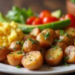 How to make good breakfast potatoes – irresistible crispy breakfast potatoes served with scrambled eggs, avocado, and bell peppers