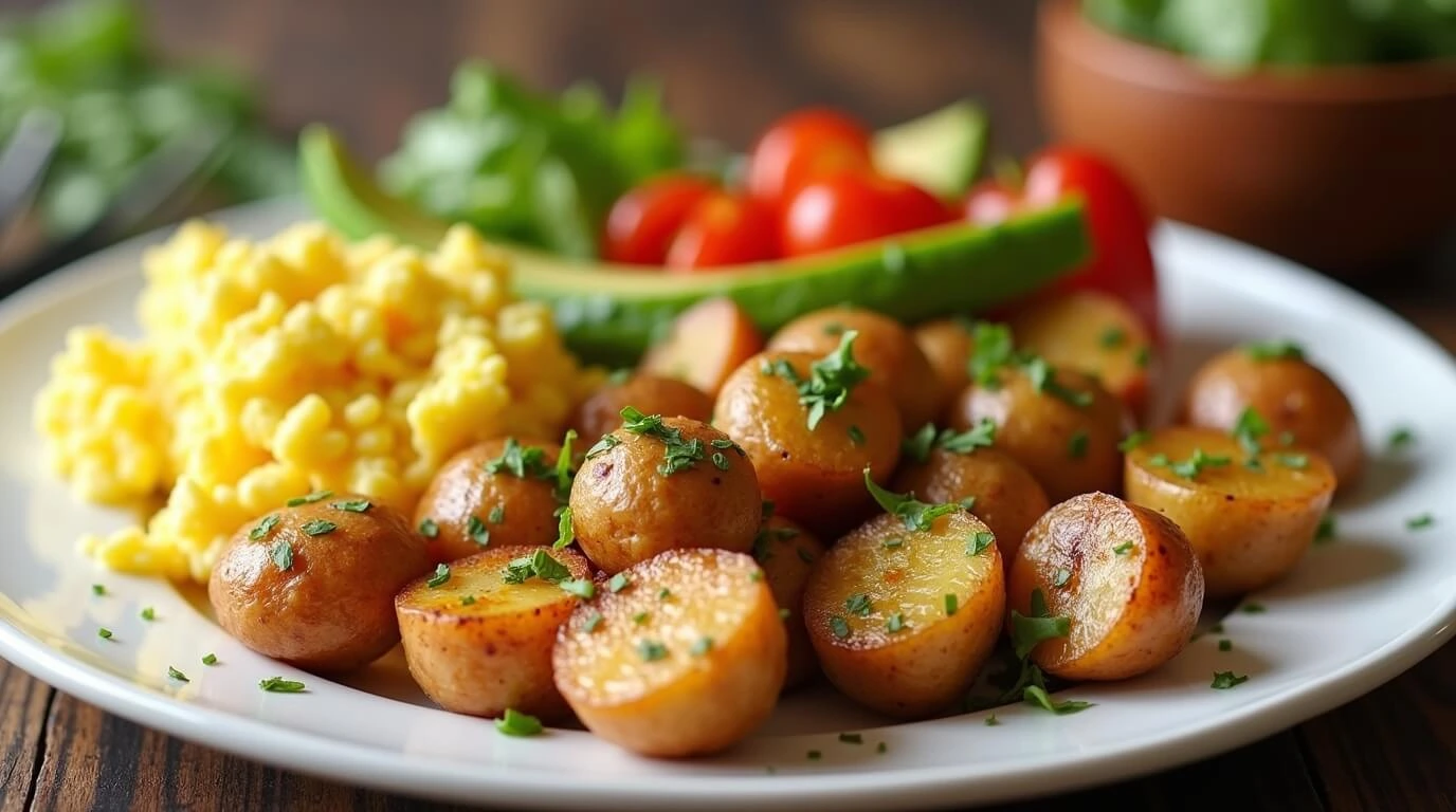 How to make good breakfast potatoes – irresistible crispy breakfast potatoes served with scrambled eggs, avocado, and bell peppers