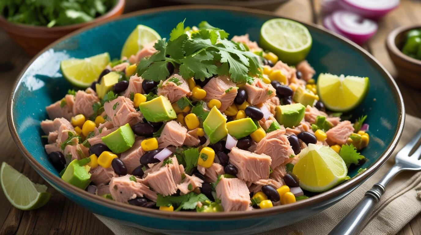 A vibrant bowl of Mexican Tuna Salad with tuna, avocado, black beans, corn, and cilantro, garnished with fresh lime wedges