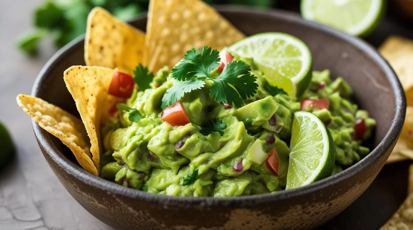 Basic guacamole in a rustic bowl, served with tortilla chips and garnished with lime and cilantro