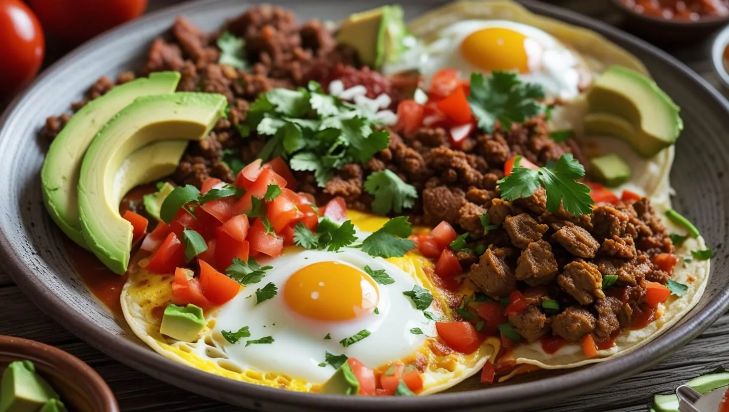 Close-up of a variety of Mexican egg dishes including Huevos Rancheros, Huevos a la Mexicana, and Huevos con Chorizo with fresh toppings and tortillas