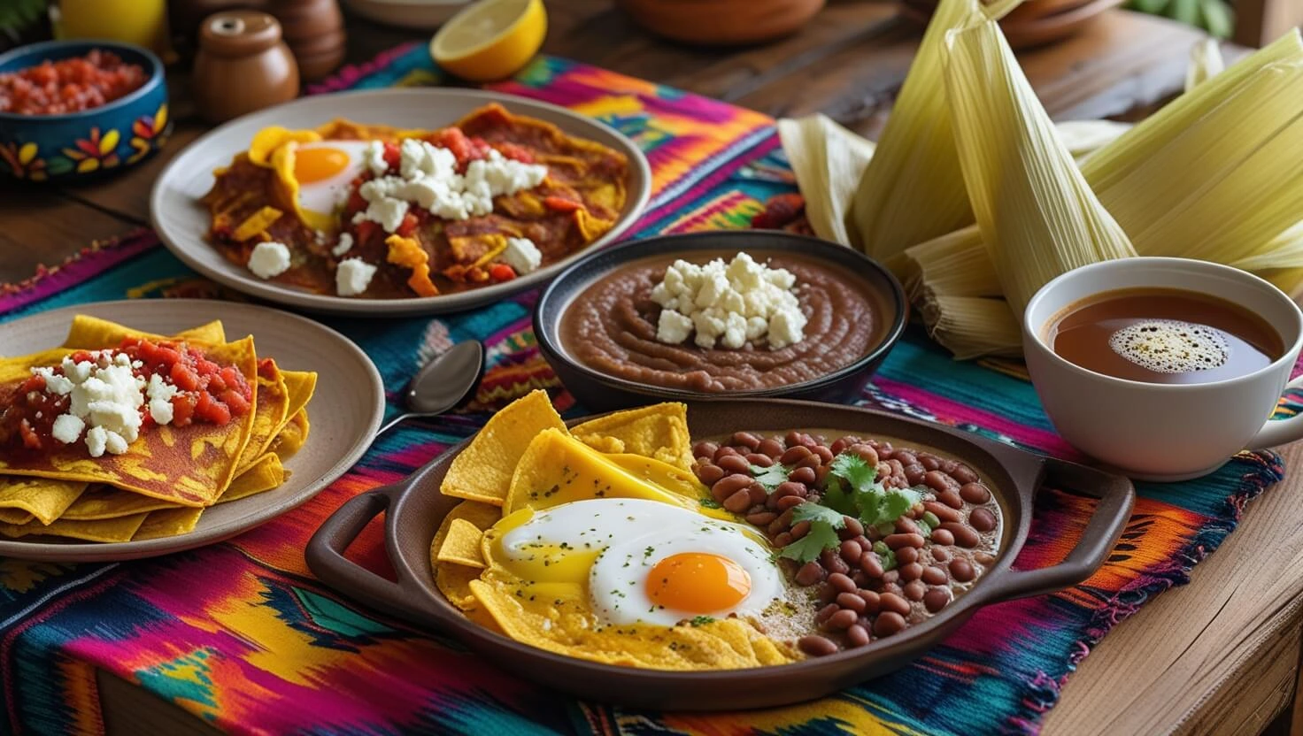 A delicious and colorful spread of authentic Mexican breakfast dishes, including chilaquiles, huevos rancheros, tamales, and café de olla, served on a rustic table.