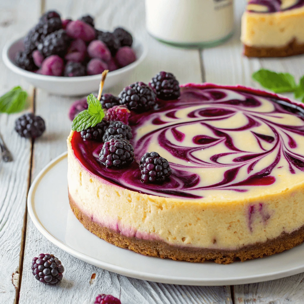 A beautifully plated Creamy Blackberry Cheesecake with a golden crust, fresh blackberries, and a dusting of powdered sugar.