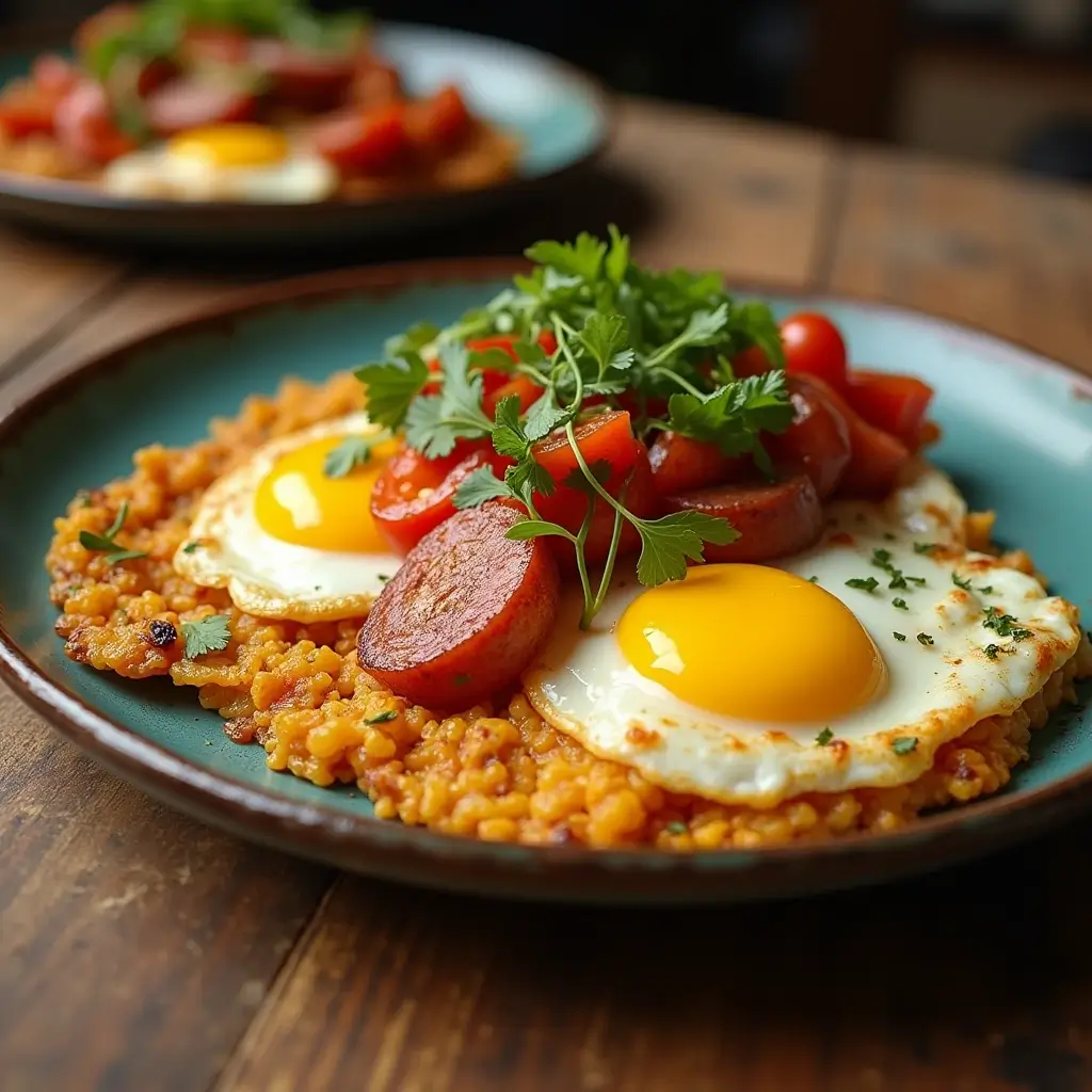 Close-up of Huevos con Chorizo, a spicy and savory Mexican egg dish, served with scrambled eggs, chorizo, and fresh toppings.