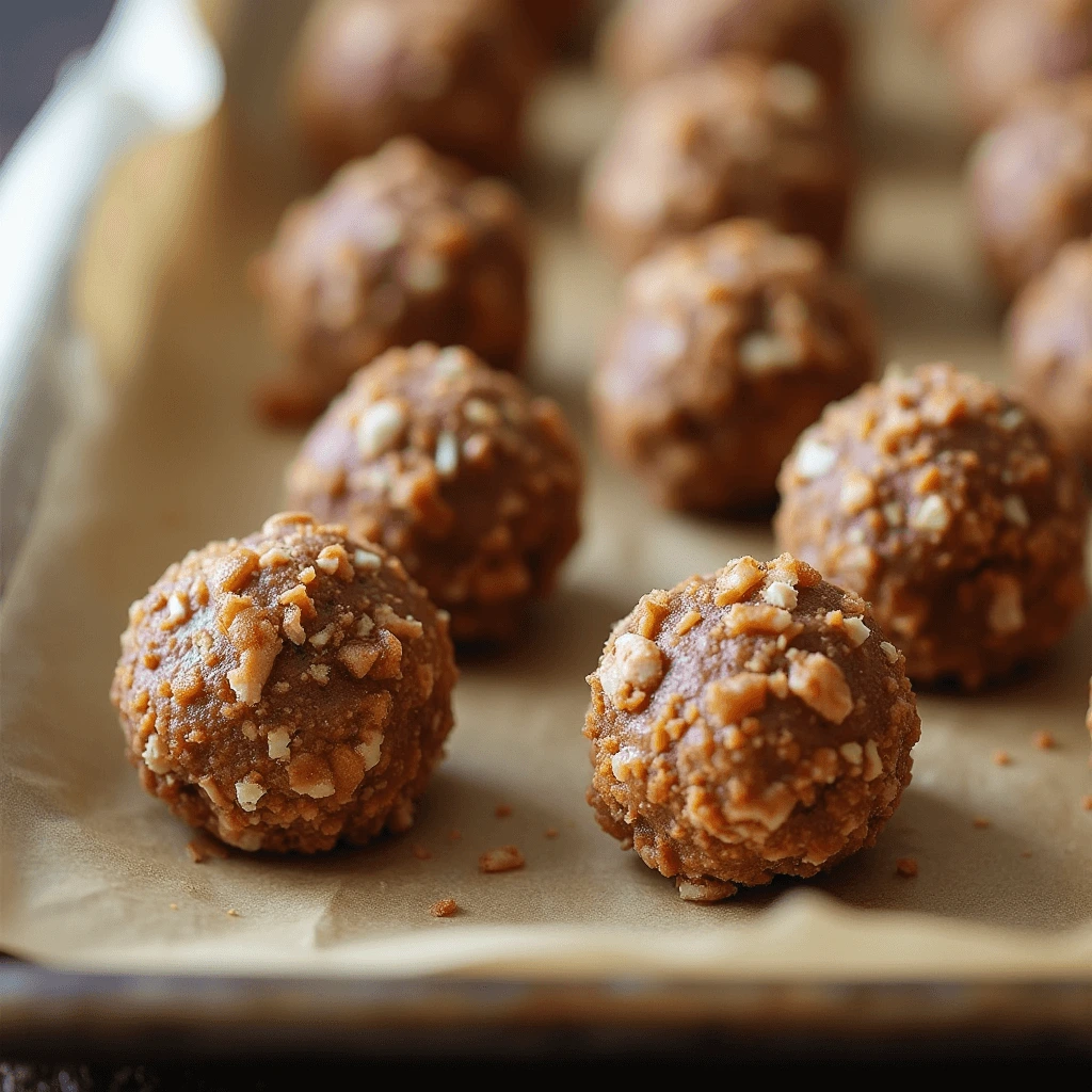 No-Bake Pecan Pie Balls rolled and arranged on a parchment-lined tray, ready for coating.