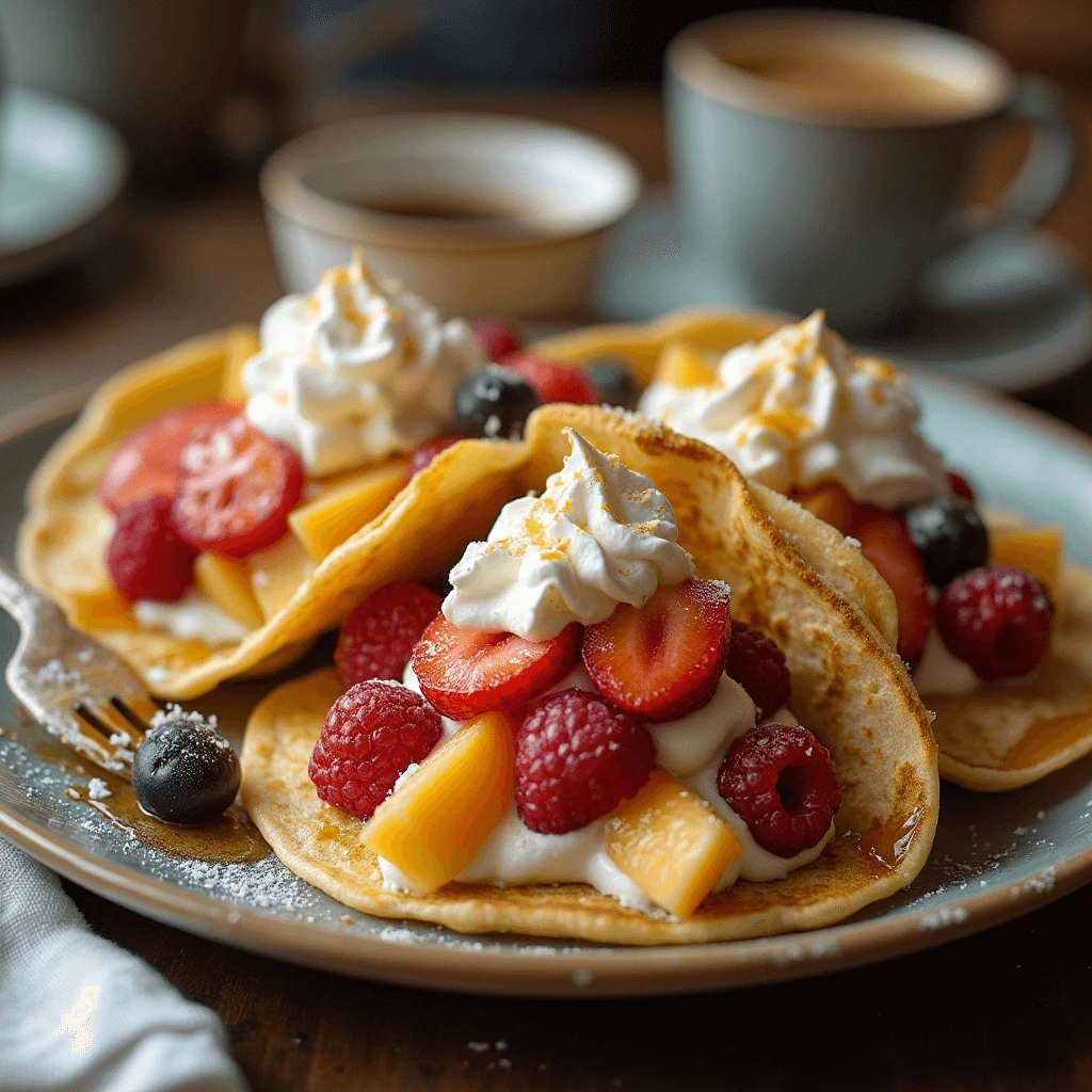 Pancake Tacos with fresh fruit and whipped cream on a rustic plate.