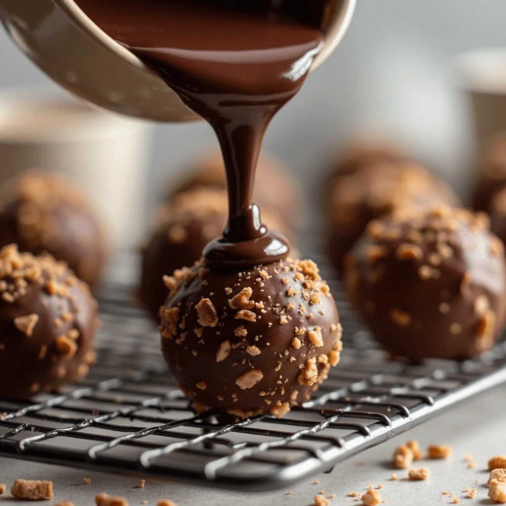 No-Bake Pecan Pie Balls dipped in rich dark chocolate with crushed pecans.