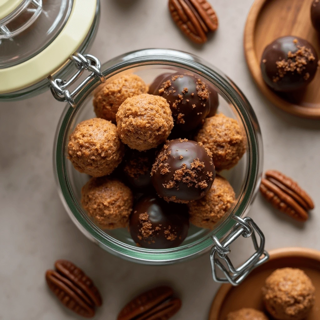 No-Bake Pecan Pie Balls stored in an airtight container with a few on a wooden plate.