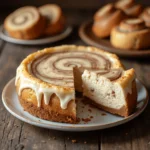 Recipe card for Cinnamon Roll Cheesecake with ingredients and instructions