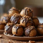 Delicious No-Bake Pecan Pie Balls arranged beautifully on a rustic plate with a mix of coatings, ready to be enjoyed as a treat.