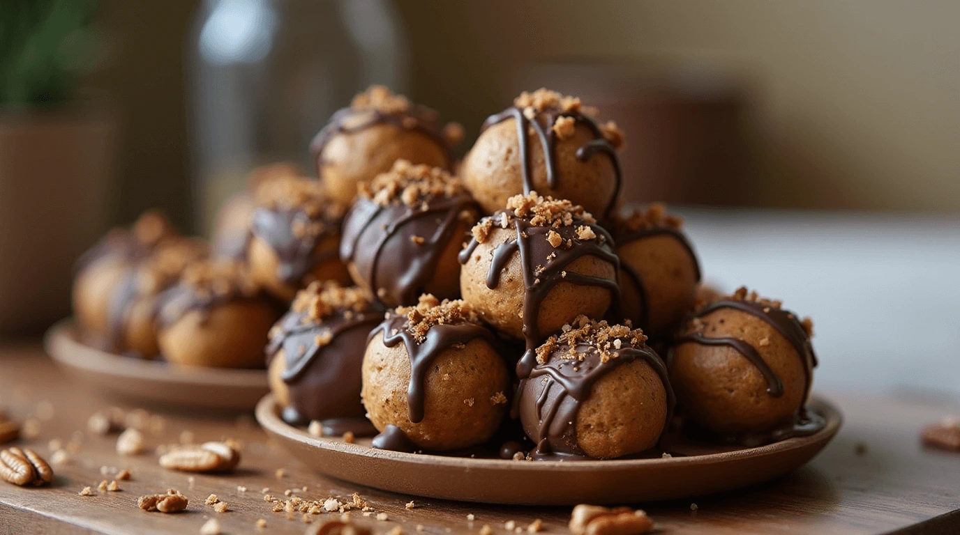 Delicious No-Bake Pecan Pie Balls arranged beautifully on a rustic plate with a mix of coatings, ready to be enjoyed as a treat.