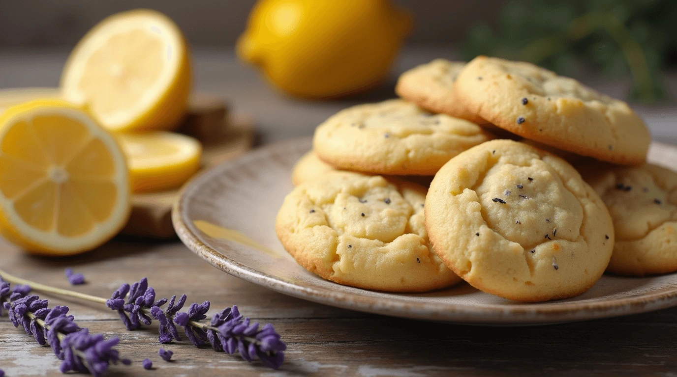 Freshly baked Lemon Lavender Cookies on a plate with lemon slices and lavender sprigs