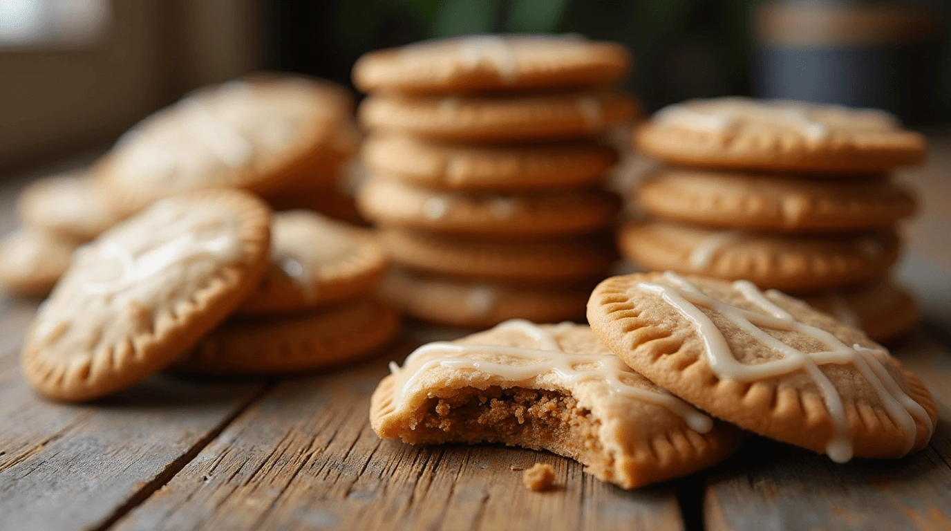 Stacked Brown Sugar Pop Tart Cookies with golden edges and glaze