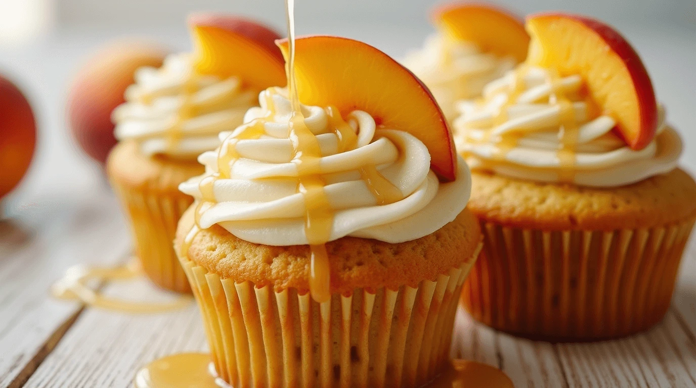 Honey Peach Cupcakes on rustic wooden table, with honey cream cheese frosting and fresh peach slices.