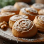 Authentic Italian Nut Roll Cookies arranged on a rustic plate, dusted with powdered sugar.