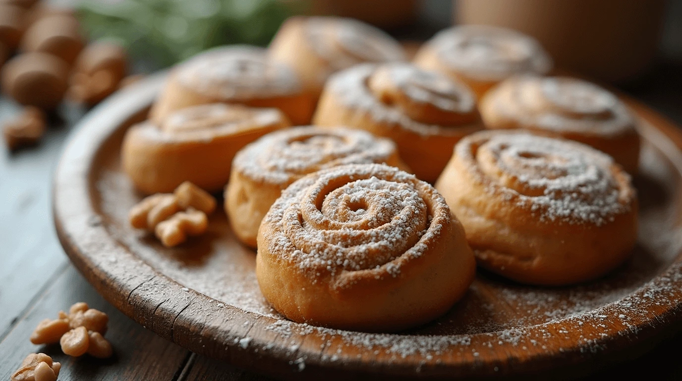 Authentic Italian Nut Roll Cookies arranged on a rustic plate, dusted with powdered sugar.