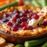 Close-up of Baked Cranberry Cream Cheese Dip with vibrant cranberry topping, golden-brown and served with crackers