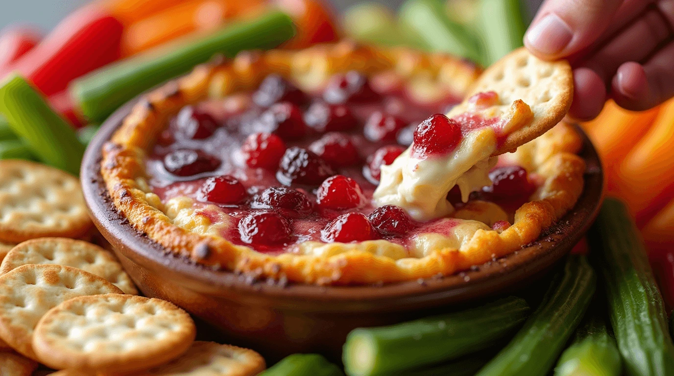 Close-up of Baked Cranberry Cream Cheese Dip with vibrant cranberry topping, golden-brown and served with crackers