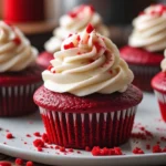 A plate of freshly baked Red Velvet Cupcakes topped with smooth cream cheese frosting, showcasing their vibrant red color and soft texture.