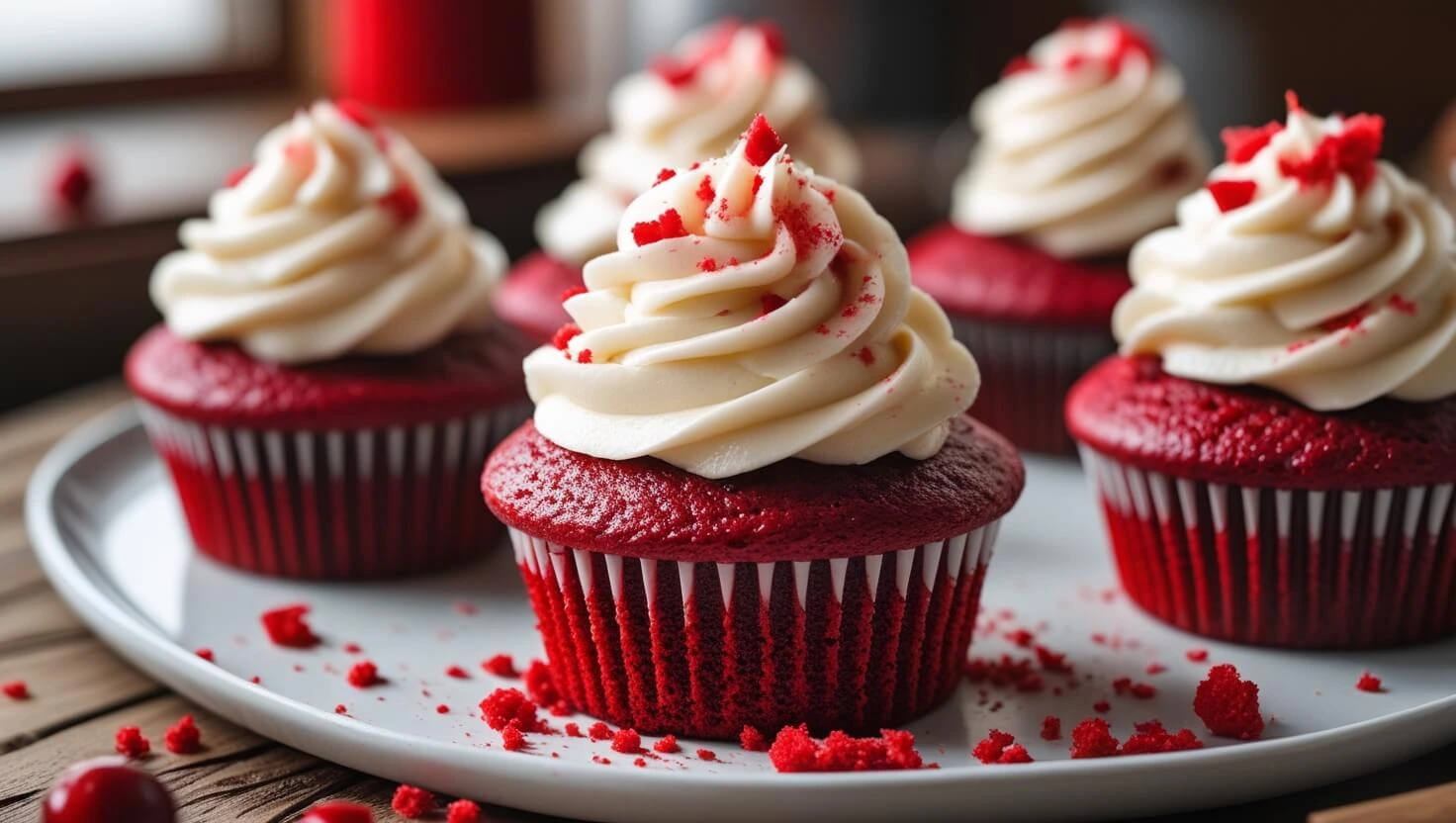 A plate of freshly baked Red Velvet Cupcakes topped with smooth cream cheese frosting, showcasing their vibrant red color and soft texture.