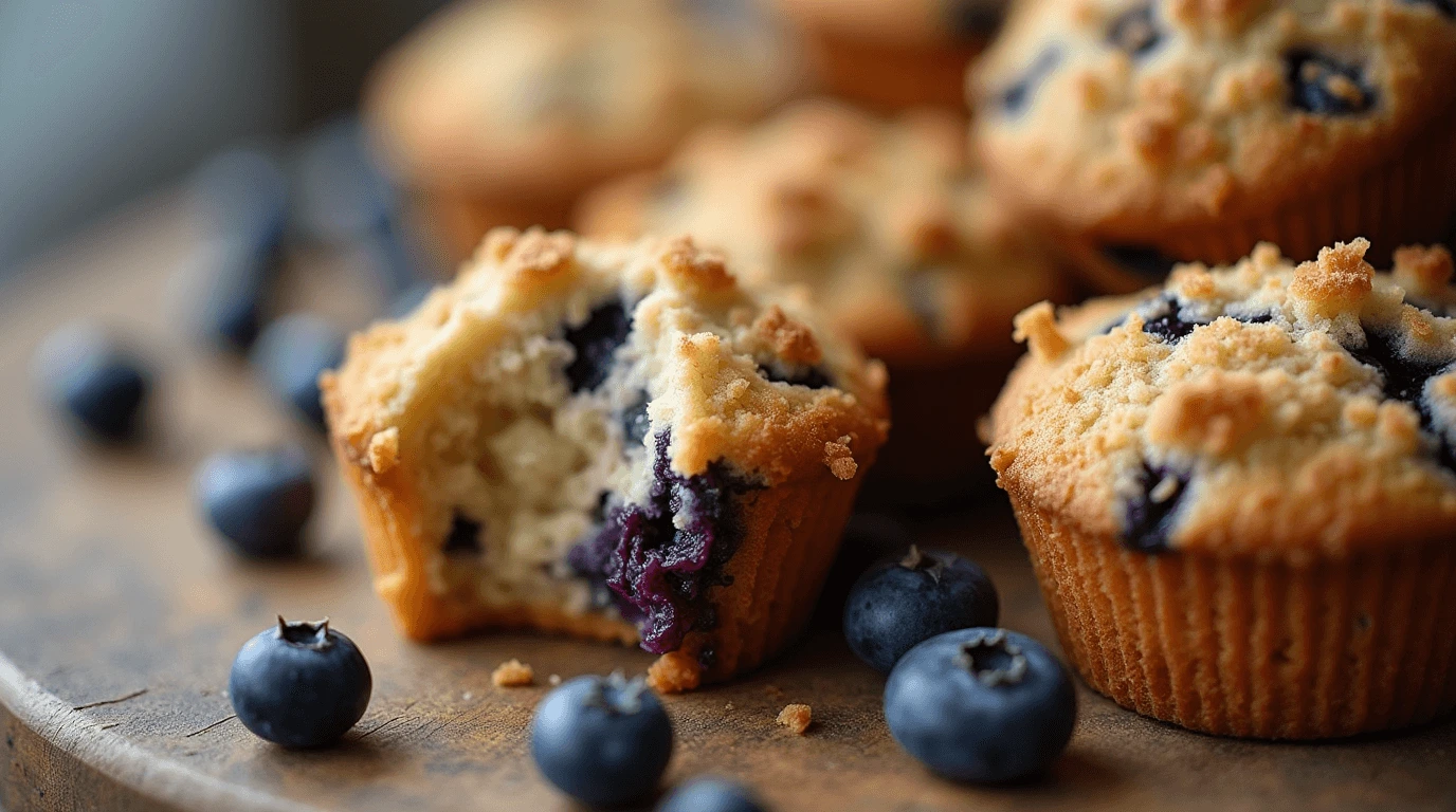 Blueberry Muffin Cookies with streusel topping on a rustic wooden surface.