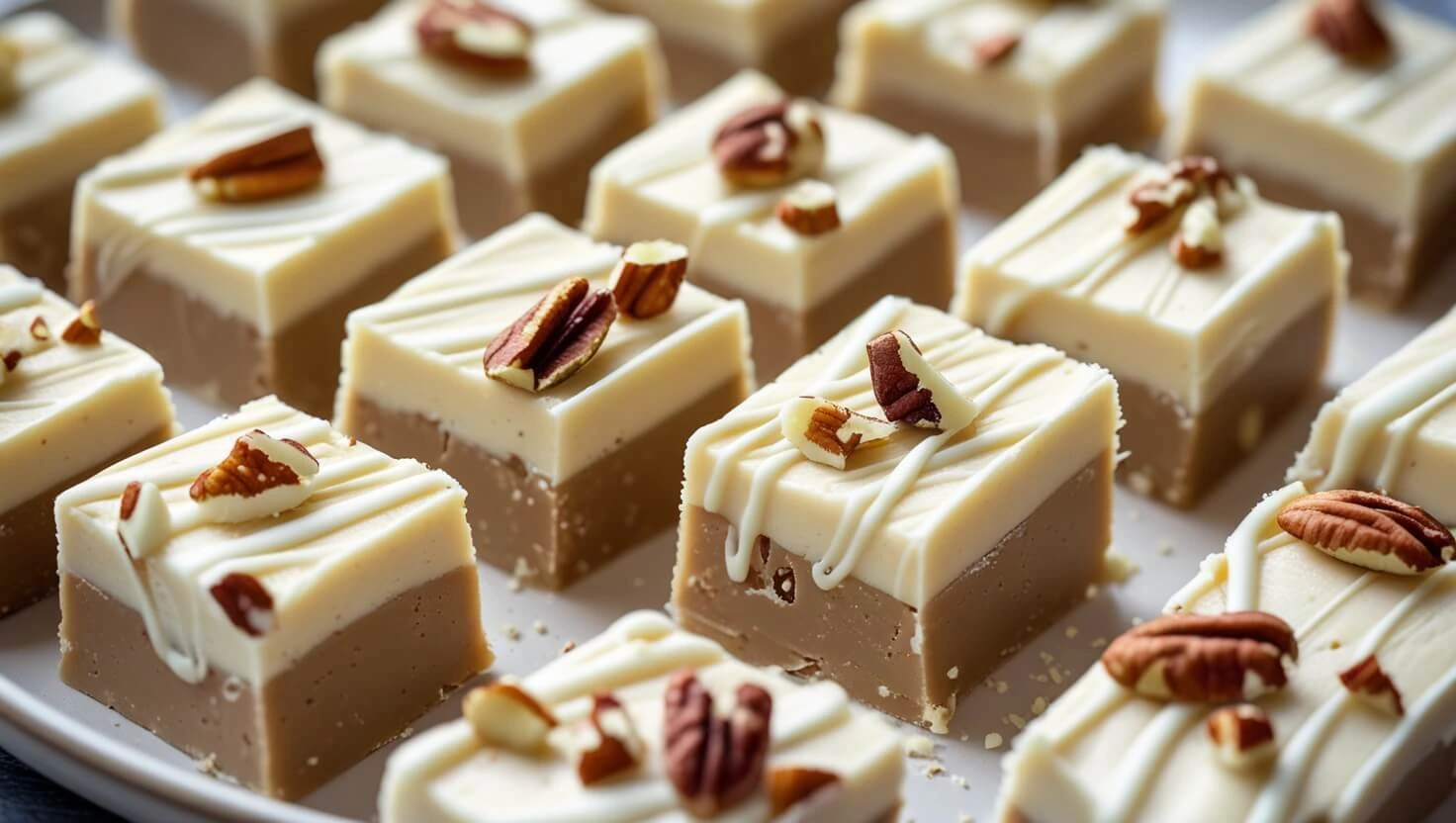 Close-up of creamy banana fudge recipe slices on a plate, garnished with nuts and caramel drizzle.