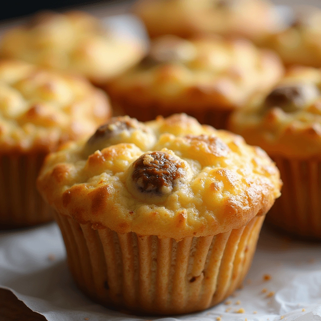 Sausage Breakfast Muffins close-up, golden brown and fluffy texture