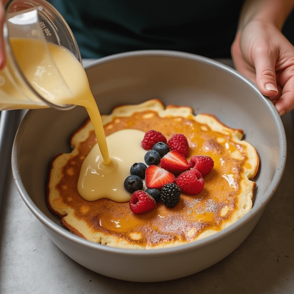 Pouring pancake batter into a baking dish with fresh fruit toppings