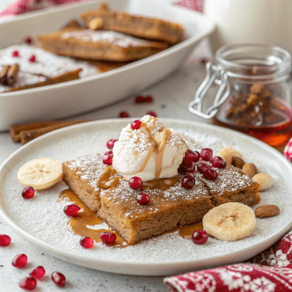 Plated gingerbread sheet pan pancake with whipped cream, syrup, and festive toppings like banana slices and pomegranate seeds