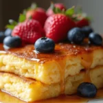 Close-up of a freshly baked Overnight Pancake Casserole with golden-brown top, fresh berries, and syrup drizzle.