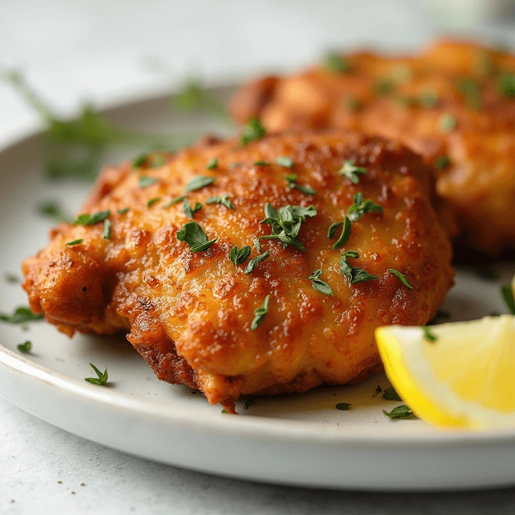 Crispy air fryer chicken thighs served on a white plate with herbs